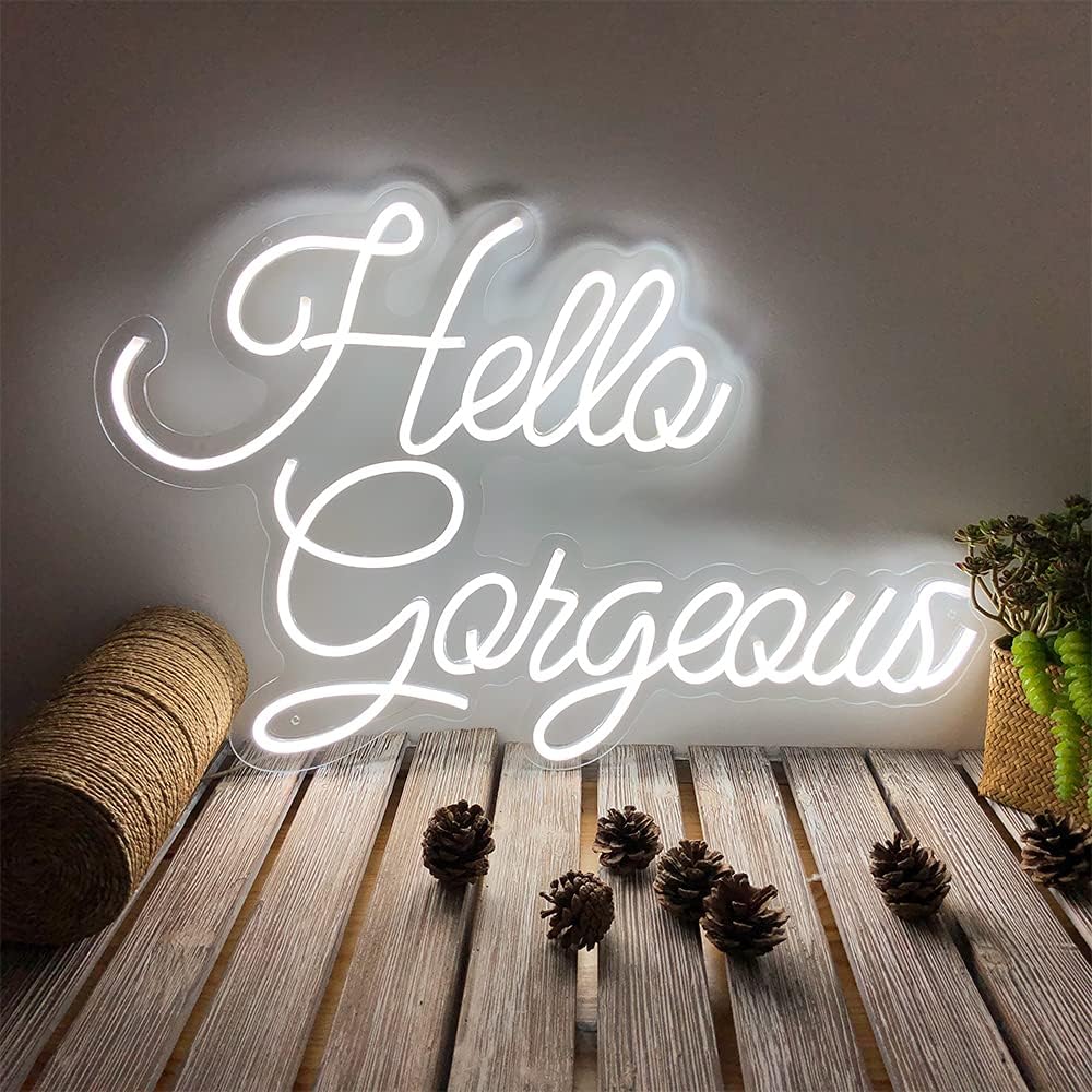 Hello Gorgeous Neon Signs-Transparent Acrylic with Dimmer LED Lights Signs Bachelorette Backdrop Flex Indoor Wall Bedroom Decor Neon Sign 26×17 IN Bar Club Christmas Party Wedding Living Room White