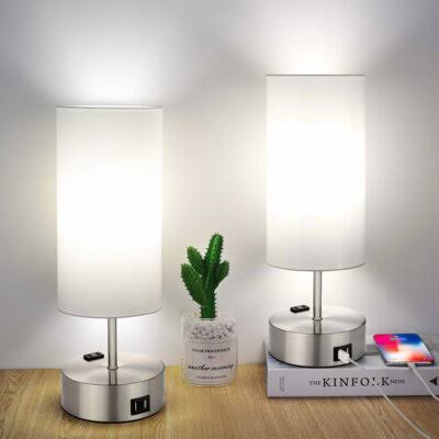 Set of 2 Touch Control 3-Way Dimmable Table Lamp with 2 USB Ports Modern Nightstand Lamp with AC Outlet Bedside Lamps with Fabri