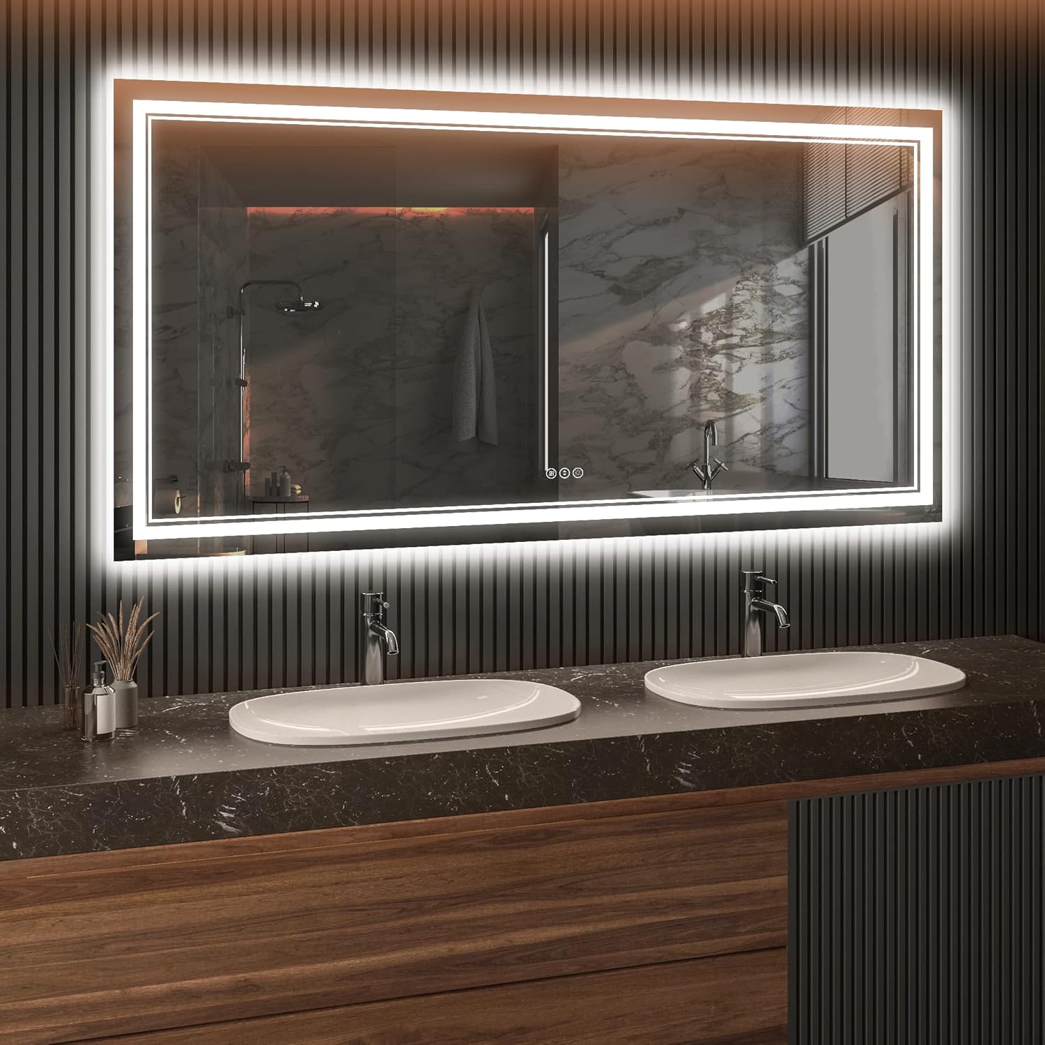 Awandee LED Bathroom Mirror with Lights 72x 36 Inch, Dimmable Large Vanity Wall Mirror with Anti-Fog, Shatterproof, Memory, 3 Colors, Backlit + Front Double Lighted, Wall Mounted, ETL Listed