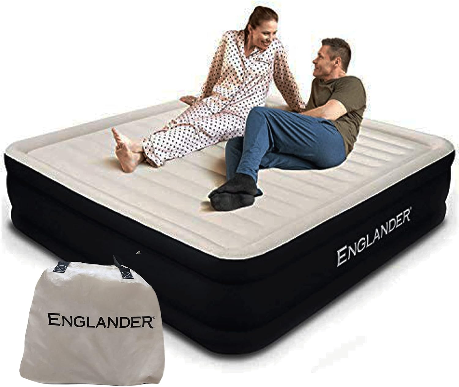 Englander Queen Size Air Mattress w/ Built in Pump - Luxury Double High Inflatable Bed for Home, Travel & Camping - Premium Blow Up Bed for Kids & Adults - Black