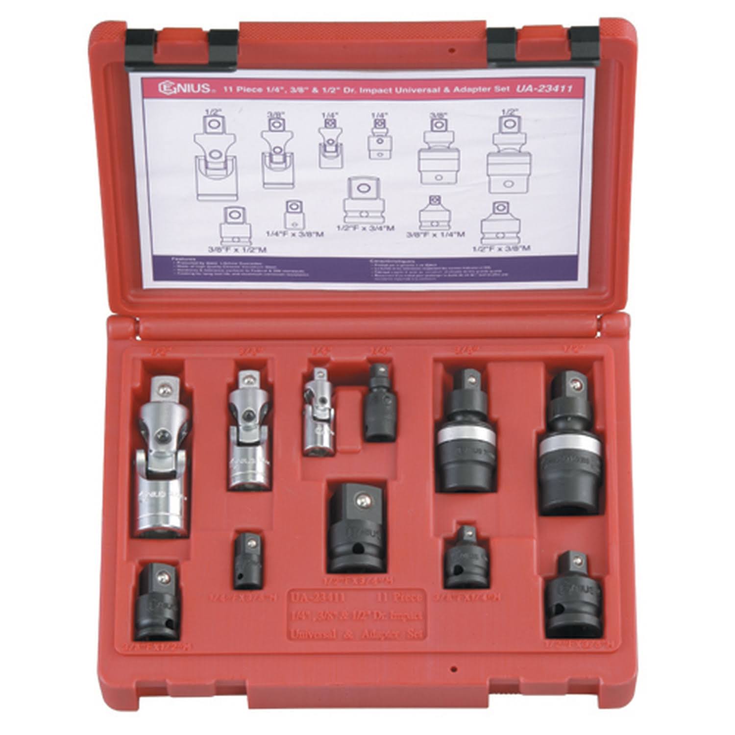 Genius Tools UA-23411 11pc 1/4, 3/8 u0026 1/2x22 Dr. Impact Universal u0026 Adapter Set