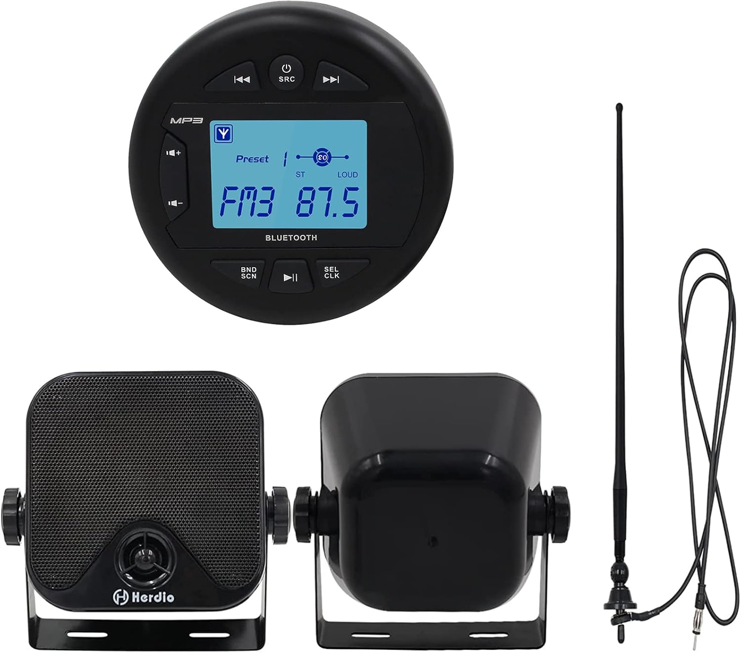 Herdio Marine Radio Package- IPX6 Bluetooth Receiver, 1 Pair 4 Inch Marine Speakers, AM FM Antenna for Boat ATV UTV (Black)