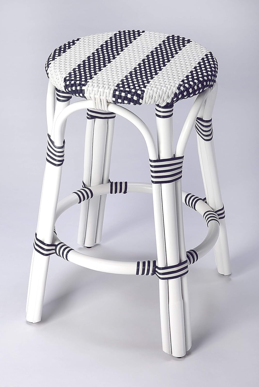 Butler Tobias Transitional Blue and White Rattan Round Backless Counter Stool