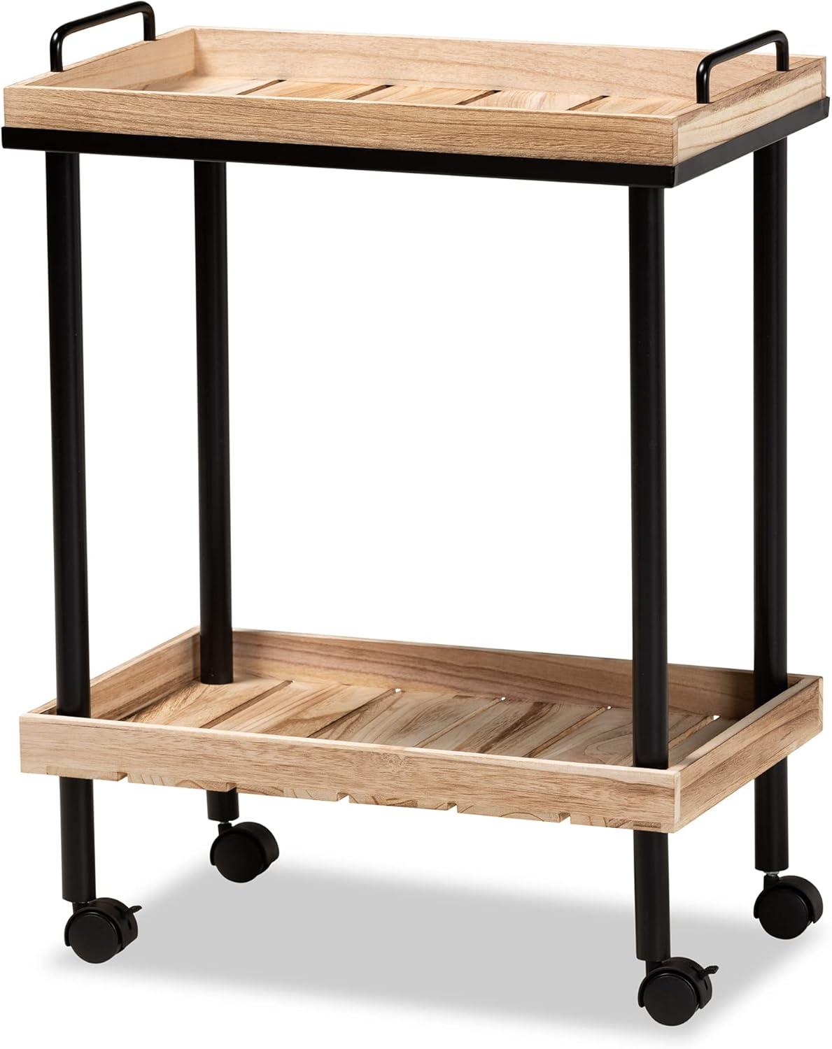 Baxton Studio Olinda Modern and Contemporary Oak Brown Finished Wood and Black Metal Kitchen Cart