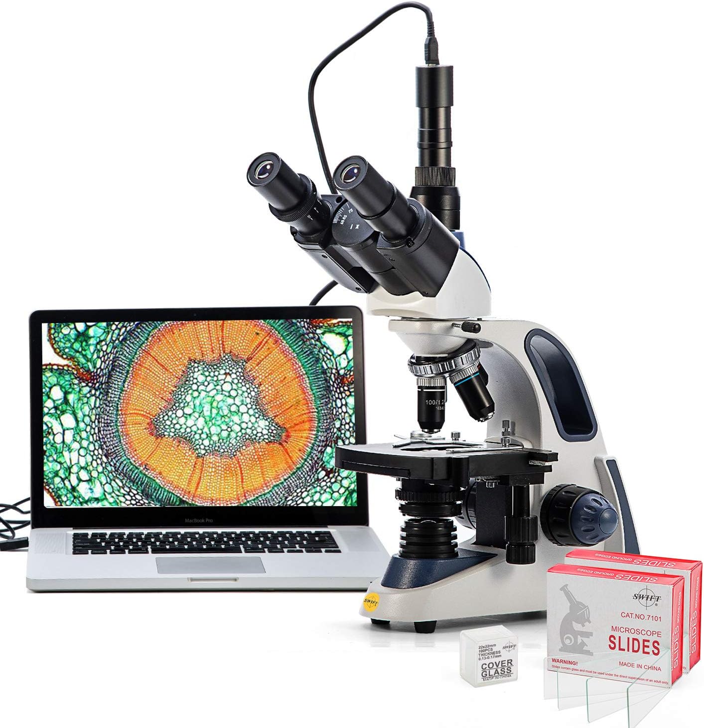 Swift Compound Trinocular Microscope SW380T,40X-2500X Magnification,Siedentopf Head,Two-Layer Mechanical Stage,with 5.0 mp Camera and Software Windows/Mac Compatible and 100 PCS Blank Slides