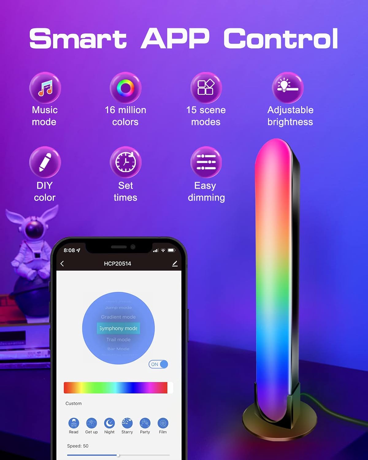 Smart LED Light Bars with APP Control, Gaming Lights with Music Sync, RGB Light Bar with 15 Scene Modes, Bluetooth Ambient Lighting for Entertainment, PC, TV Backlights, Party, Gaming& Room Decoration Pack of 2