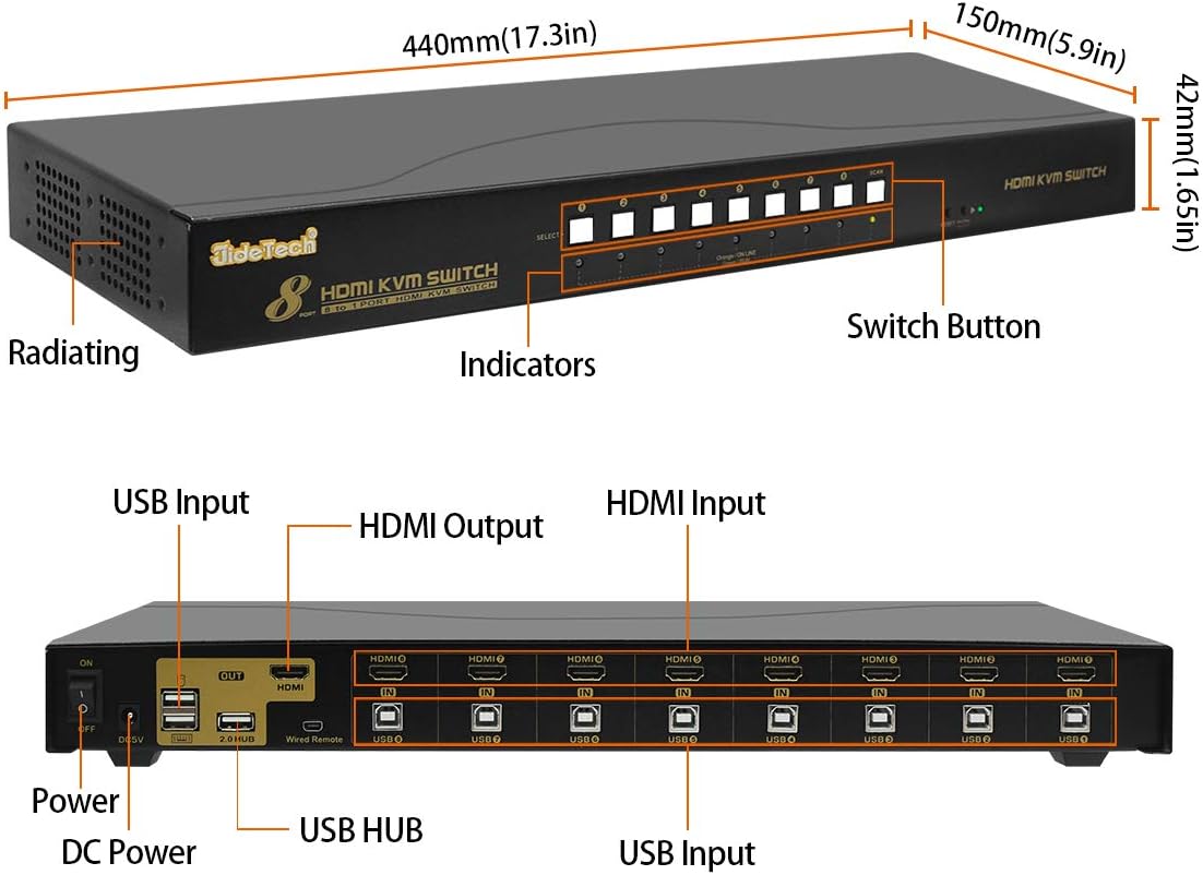 JideTech HDMI USB KVM Switch 8 Port Up to 4K@30Hz Resolution with USB 2.0 Hub Support Hotkey Mouse Switching for Linux, Windows, Mac, Unix