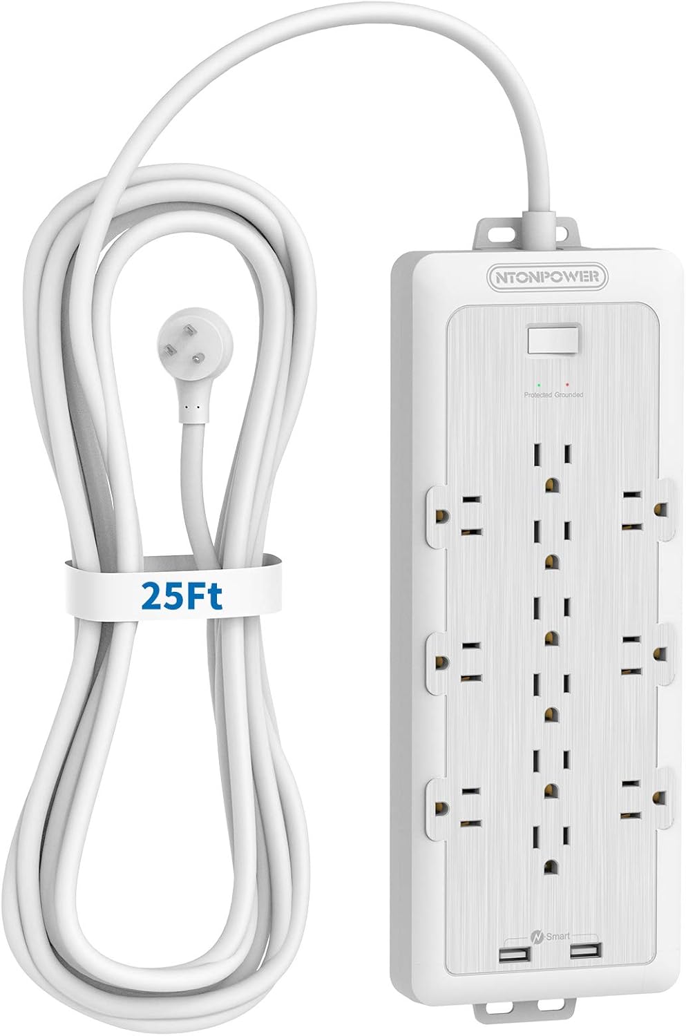 25 FT Extension Long Cord Surge Protector 4000 Joules, NTONPOWER 12 Outlets Power Strip Flat Plug with 2 USB, 6 Widely Outlets, 15A Circuit Breaker, Wall Mount Charging Station for Home Office, White Pack of 2