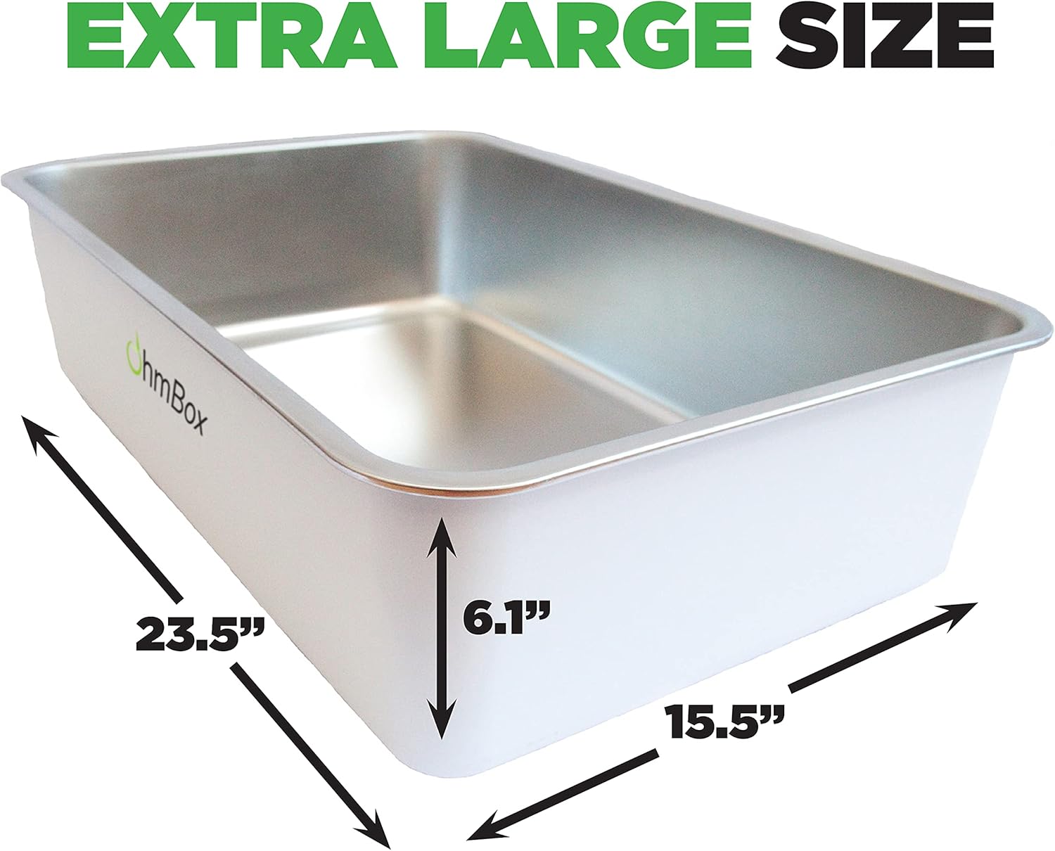 Ohm Earth&rsquo;s OhmBox - Stainless Steel Cat Litter Box, Extra Large (23.5&rdquo; x 15.5&rdquo; x 6.1&rdquo;) Never Absorbs Odors/Stains/Rusts, Non-Stick Smooth Surface, Easy Cleaning + Non-Slip Rubber Feet. Qty 1 White