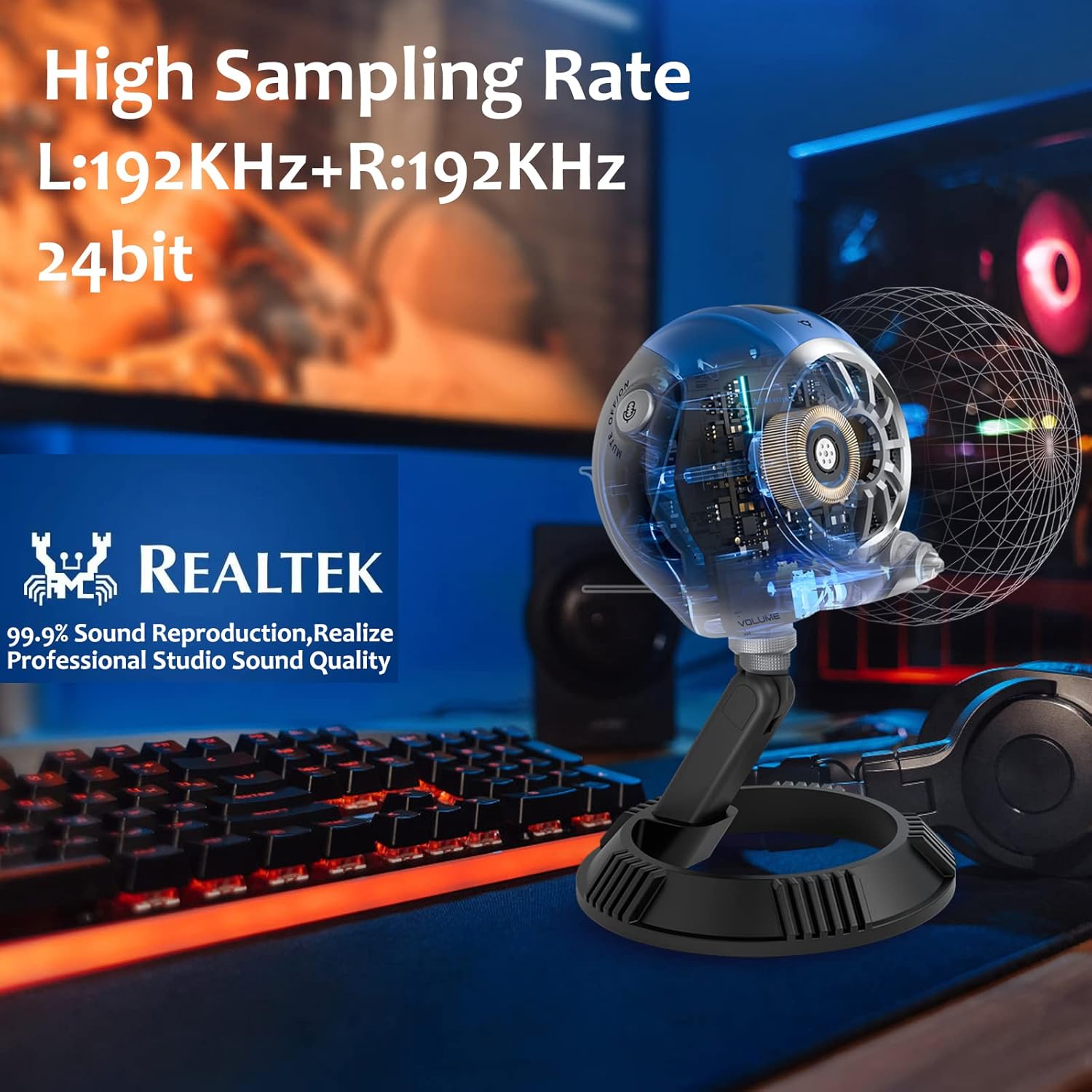 RGB Gaming Microphone for PC,PS4/5,MAC, Mercase Realtek Chip 384kHZ Condenser Cardioid Microphone with Quick Mute, Selectable 10 Dynamic RGB Sound Sync Modes,Gain Control,for Streaming, Twitch,YouTube
