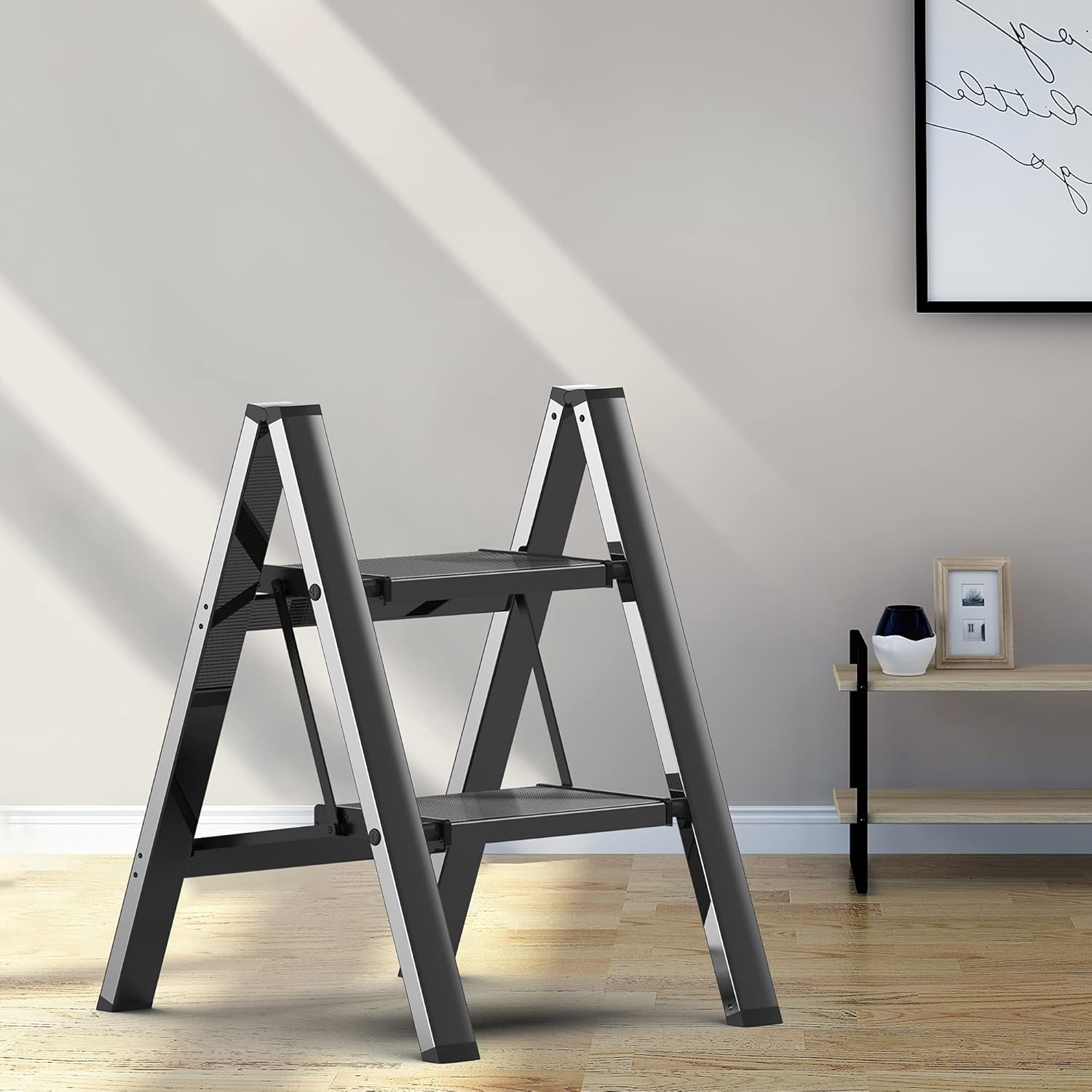 2 Steps Ladder Anti-Slip Foldable Silver Aluminum Lightweight and Wide Pedal for Home and Kitchen Space Saving Pack of 2