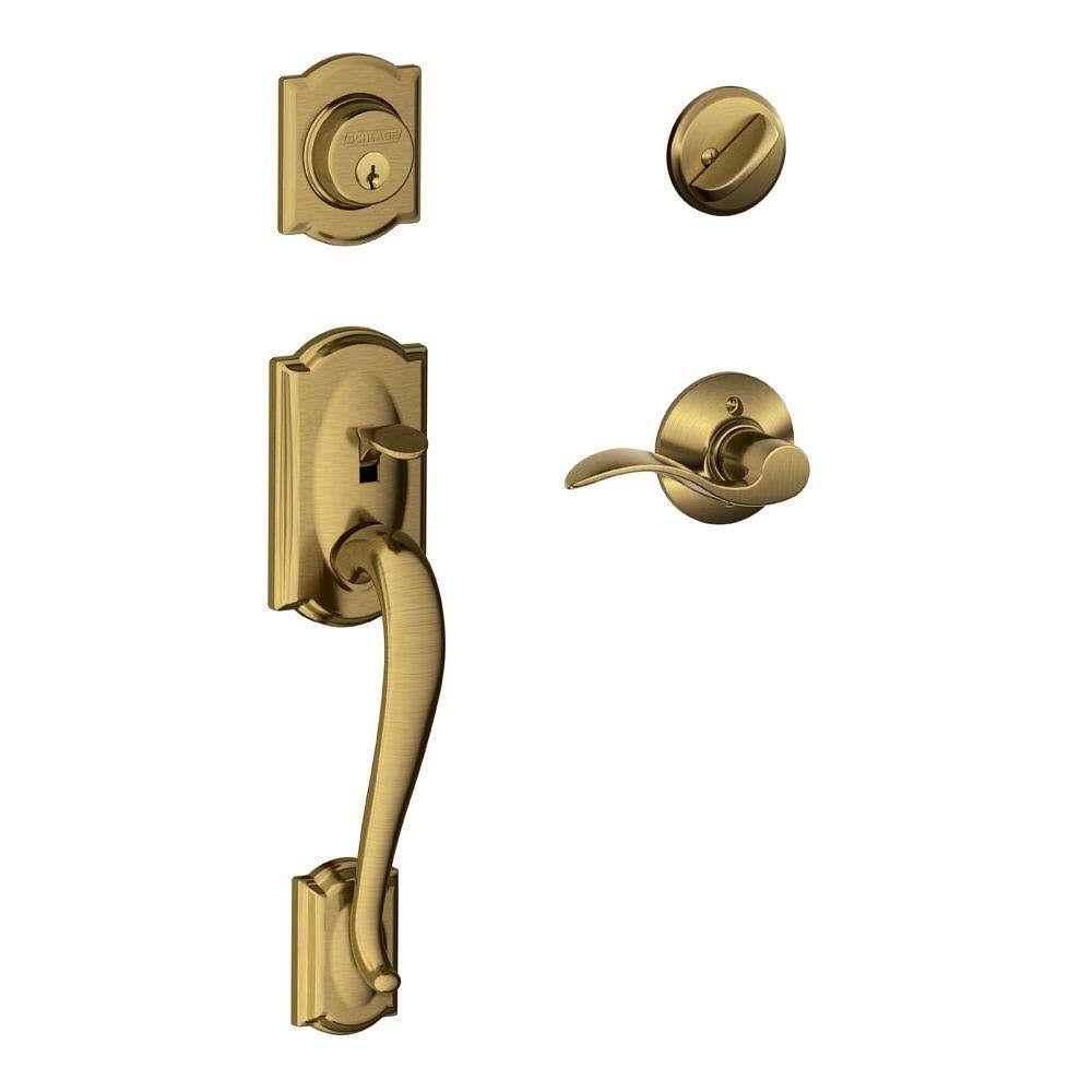 Schlage Camelot Antique Brass Right-Hand Handleset with Accent Interior Lever
