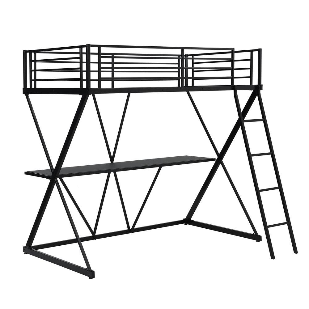 Qualfurn Hedy Black X-Shaped Frame Steel Twin Loft Bed with Desk and Ladder