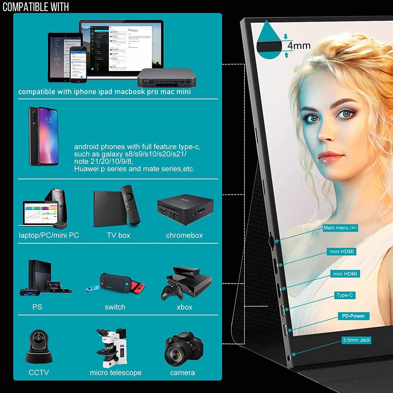 17.3 inch Portable Monitor - Bimawen IPS 100% sRGB 1080P HDR FHD FreeSync,Dual HDMI USB Type-C Monitor,PS4/Switch/PC/Mac/Compatible,1920 x 1080p,Built-in Speaker