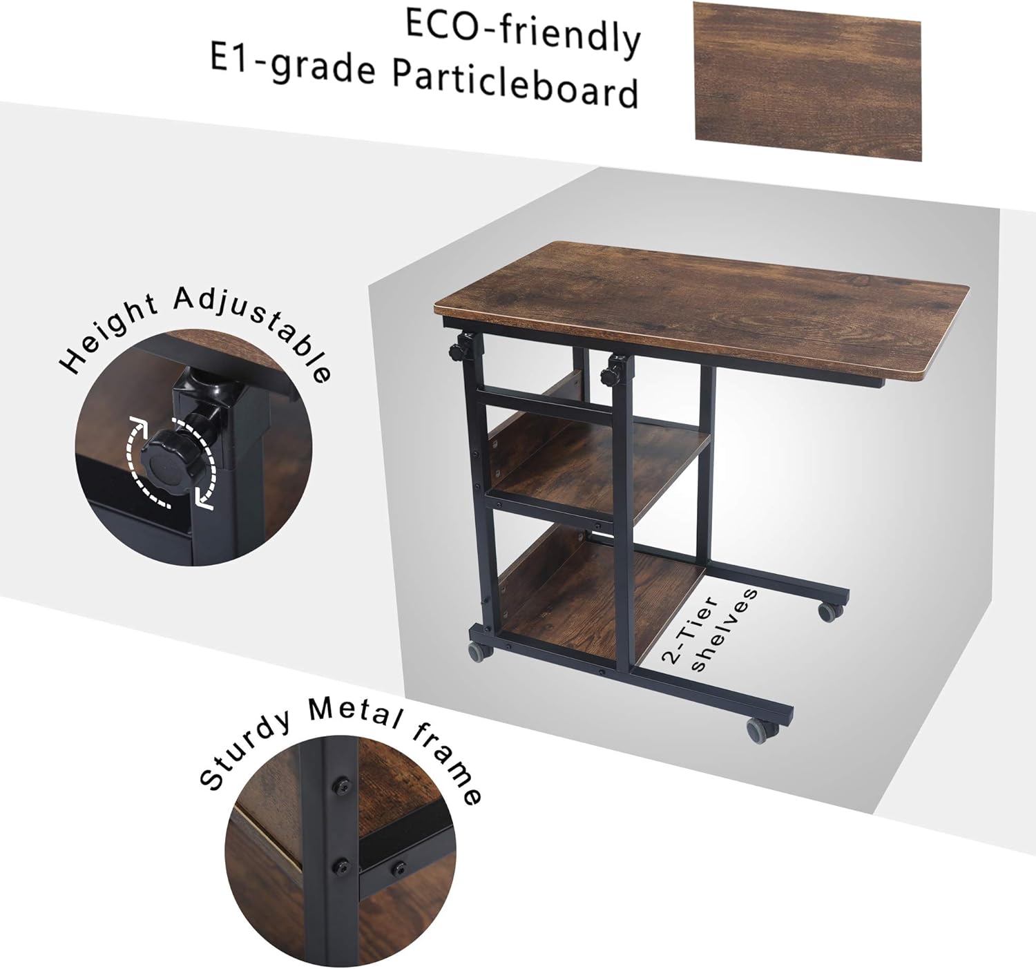 AHB Home Office Side Table for Small Space with Caster Wheels and 2 Shelves, Height Adjustable Rolling End Table Writing Desk Movable PC Laptop Table Workstation for Bedroom, Living Room
