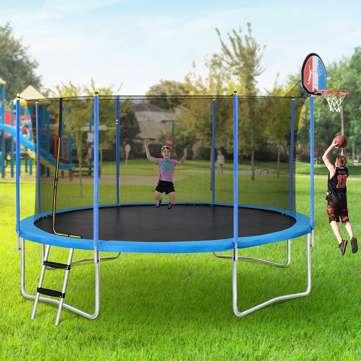 Merax 8FT 10FT 12FT 14FT 15FT Trampoline with Basketball Hoop, Safety Enclosure Net and Ladder, Outdoor Recreational Trampoline for Kids and Family Backyard Fun (14FT)