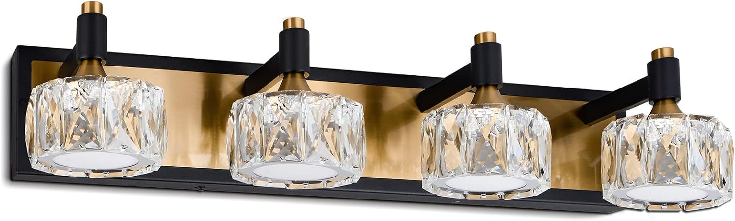 Bathroom Light Fixtures Over Mirror Modern Crystal Vanity Light Black and Brass Fixtures 6000K White Light Indoor Wall Light (4 Light)