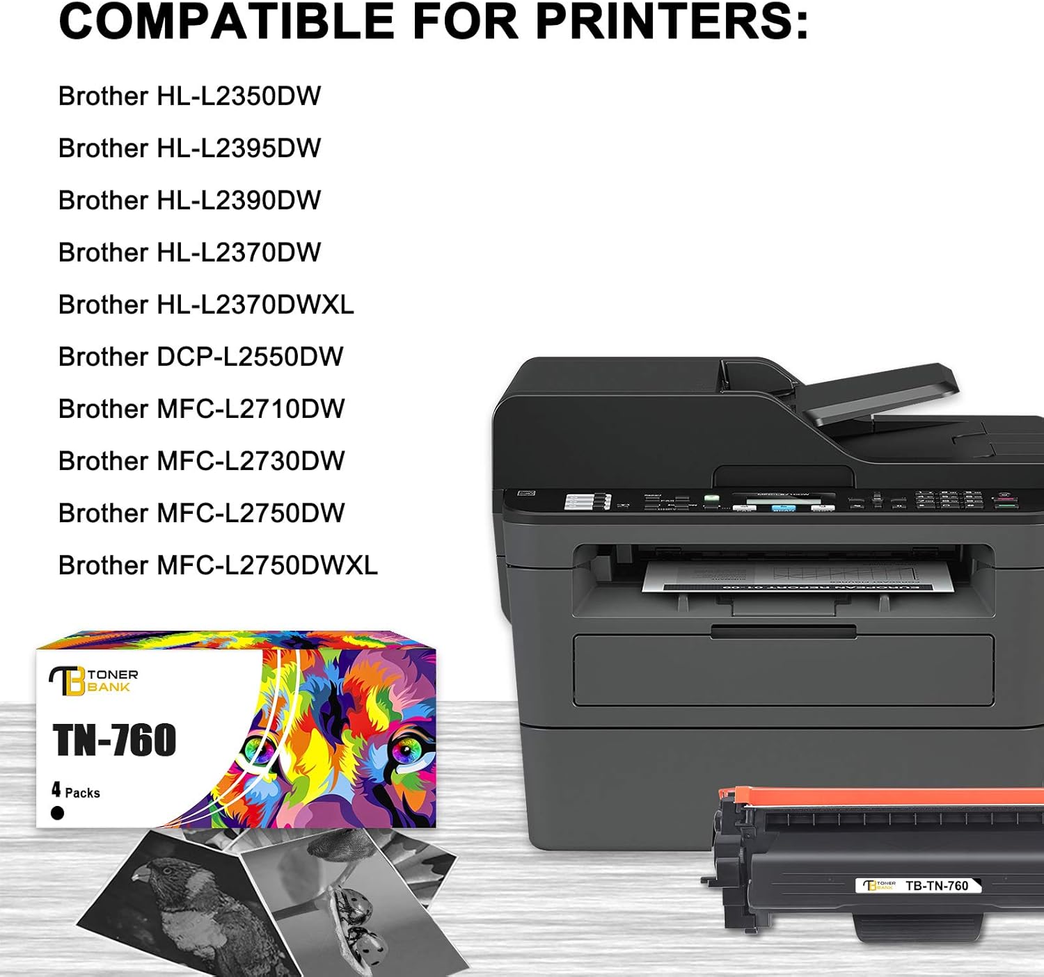 Toner Bank Compatible Toner Cartridge Replacement for Brother TN760 TN-760 TN730 TN-730 for MFC-L2710DW DCP-L2550DW HL-L2350DW HL-L2390DW MFC-L2750DW HL-L2395DW HL-L2370DW Printer Ink (Black, 4-Pack) Pack of 2