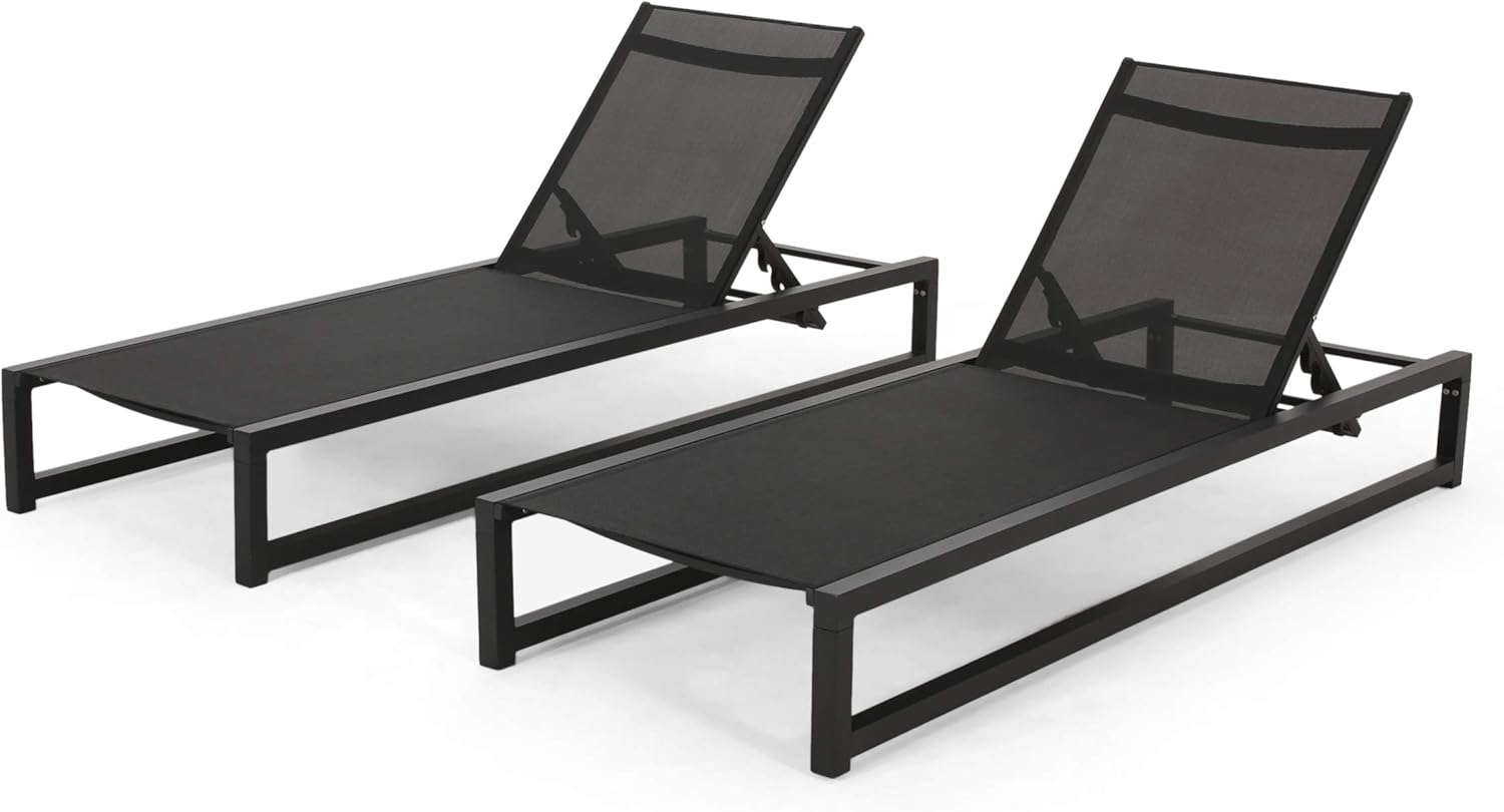 Christopher Knight Home Modesta Outdoor Aluminum Framed Chaise Lounges with Mesh Body, 2-Pcs Set, Black Finish / Grey Mesh