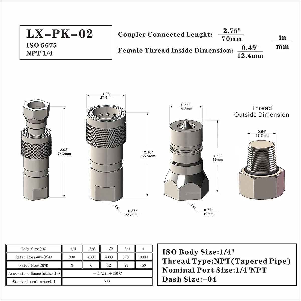 2-Sets 1/4'' Ag ISO5675 Carbon Steel Hydraulic Quick Disconnect Coupling/Coupler Poppet Valve，Pioneer Type, Set w/Dust Cap Pack of 2