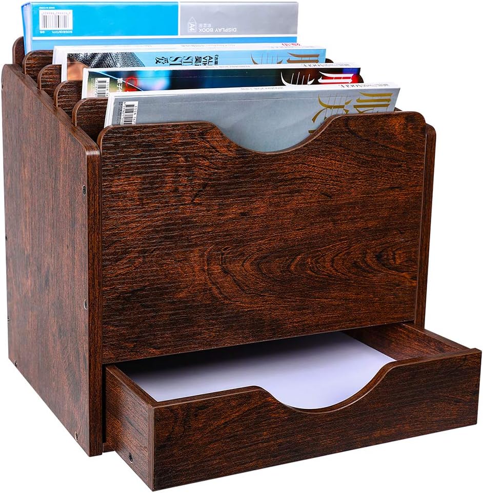 PAG Wood Desktop File Holder Organizer Mail Sorter with Drawer, for File Folders, Mails, Envelopes, Mailing Supplies or Magazines, 6 Compartments, Retro Brown Pack of 2