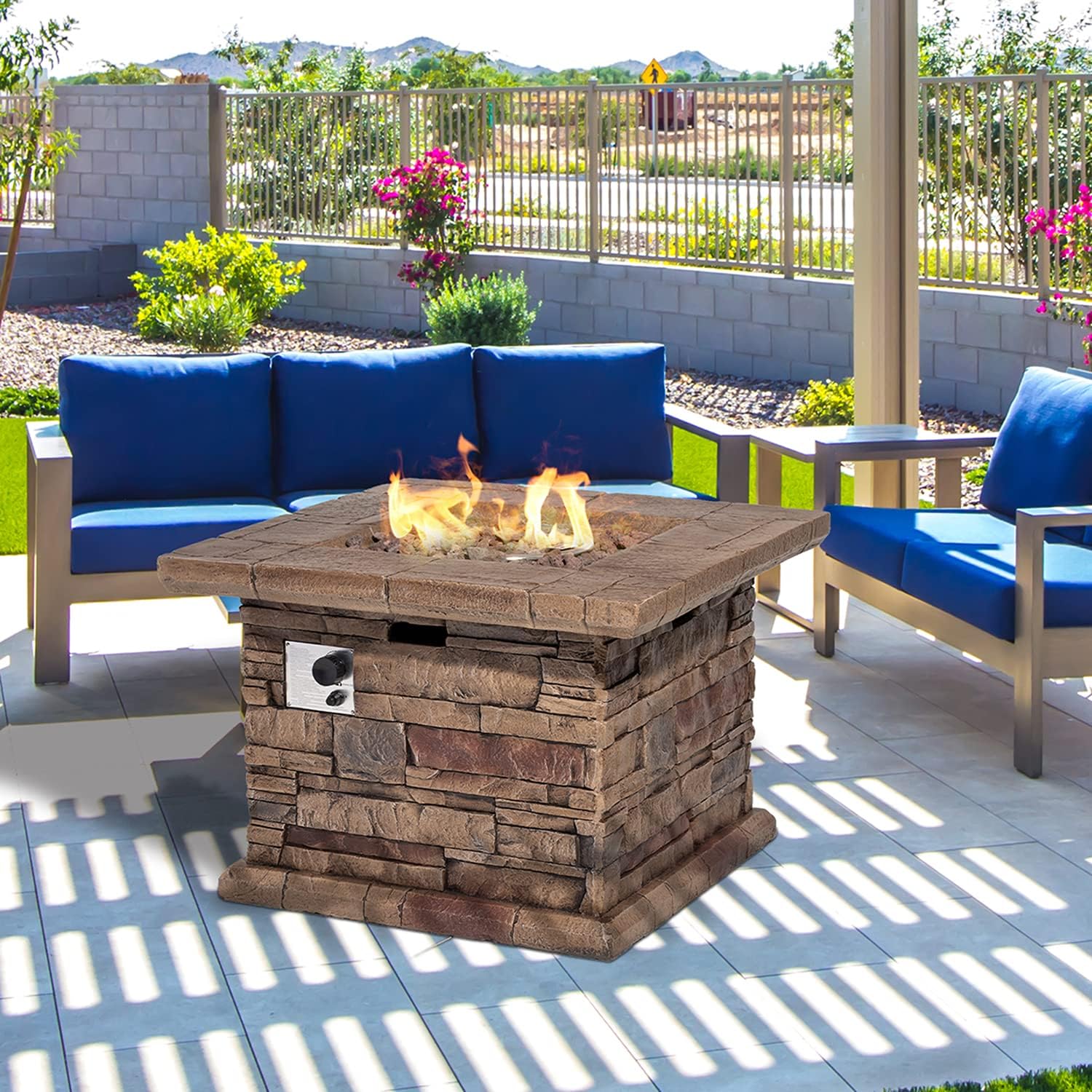 HOMPUS Outdoor Propane Fire Pit Table, 32-inch Square Concrete Propane Fire Pit with Lava Rocks and Rain Cover 50,000 BTU Gas Fire Pit for Patio, Deck or Backyard