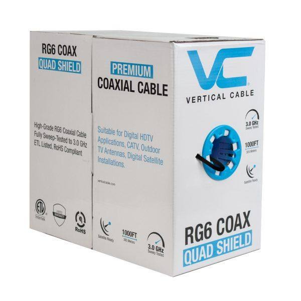 Vertical Cable 1000ft Bulk RG-6 Coax Cable - Quad Shield-Black