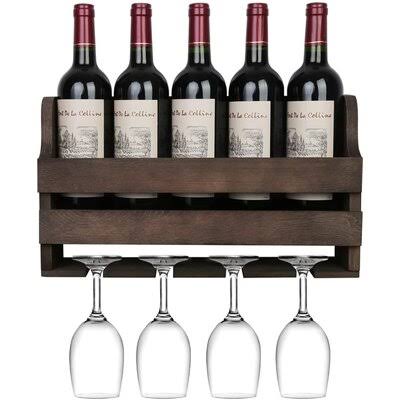 Rustic Wood Wall Mounted Wine Rack, Holds 5 Wine Bottles and 4 Stemware Glass Holder, Home Kitchen Decor Loon Peak