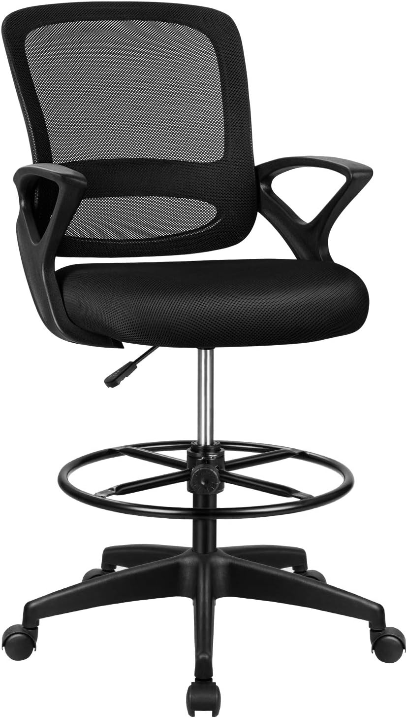 Tuoze Tall Office Chair Drafting Chair Standing Desk Chair Drafting Mesh Table Chair Adjustable Height with Lumbar Support, Armrest Footrest (Black)