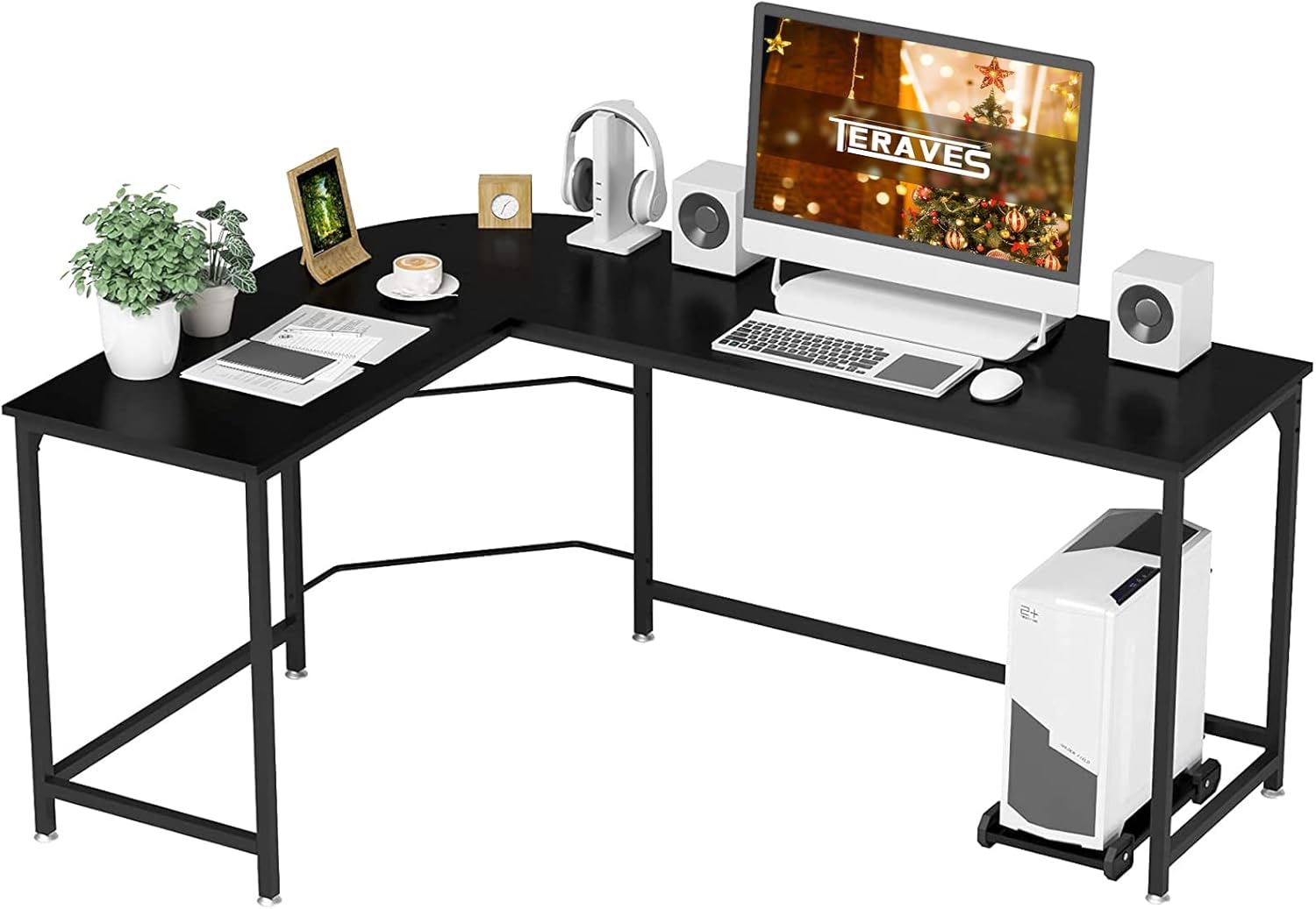 Teraves Reversible L-Shaped Desk Corner Gaming Computer Desk Office Workstation Modern Home Study Writing Wooden Table (Large, New Black Marbling)