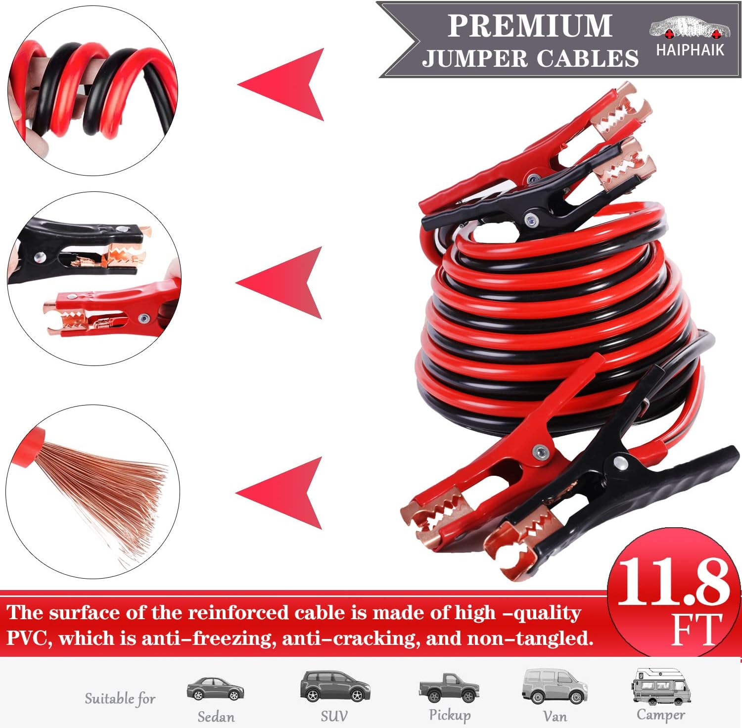 HAIPHAIK Emergency Roadside Kit - Multipurpose Emergency Pack Car Premium Road Kit Jumper Cables Set 11.8 Foot (Upgrade) 124 Pcs Emergency car Kits Car Tool kit,Tow Strap, Folding Survival Shovel Pack of 2