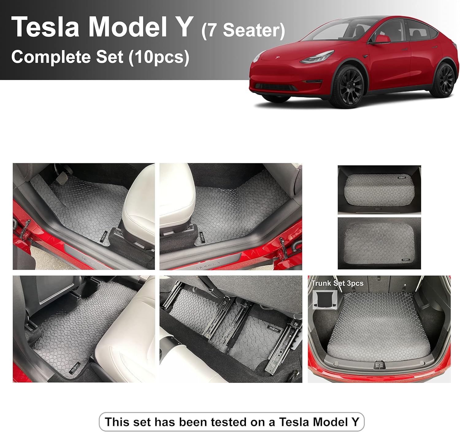 YelloPro Auto Custom fit Heavy Duty Full Set + 3pcs Cargo Floor Mat Waterproof All Weather Accessories for 2021 Tesla Model Y - 7 Seater - All Weather Black Rubber Environmental