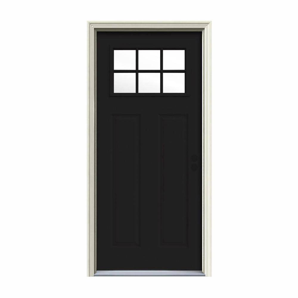 JELD-WEN 32 in. x 80 in. 6 Lite Craftsman Black w/White Interior Steel Prehung Left-Hand Inswing Front Door w/Brickmould, Black/