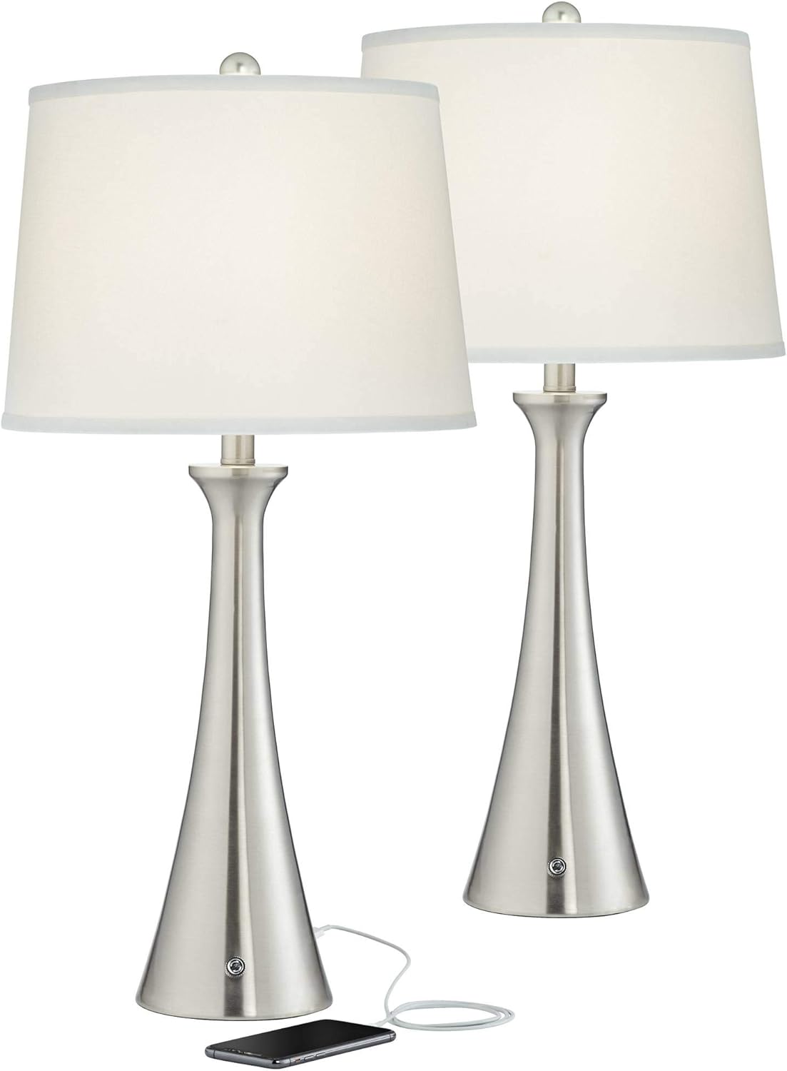 Karl Modern Comtemporary Table Lamps Set of 2 with USB and AC Power Outlet in Base Full Range Dimmer Brushed Nickel White Drum Shades for Living Room Bedroom House Home Office - 360 Lighting