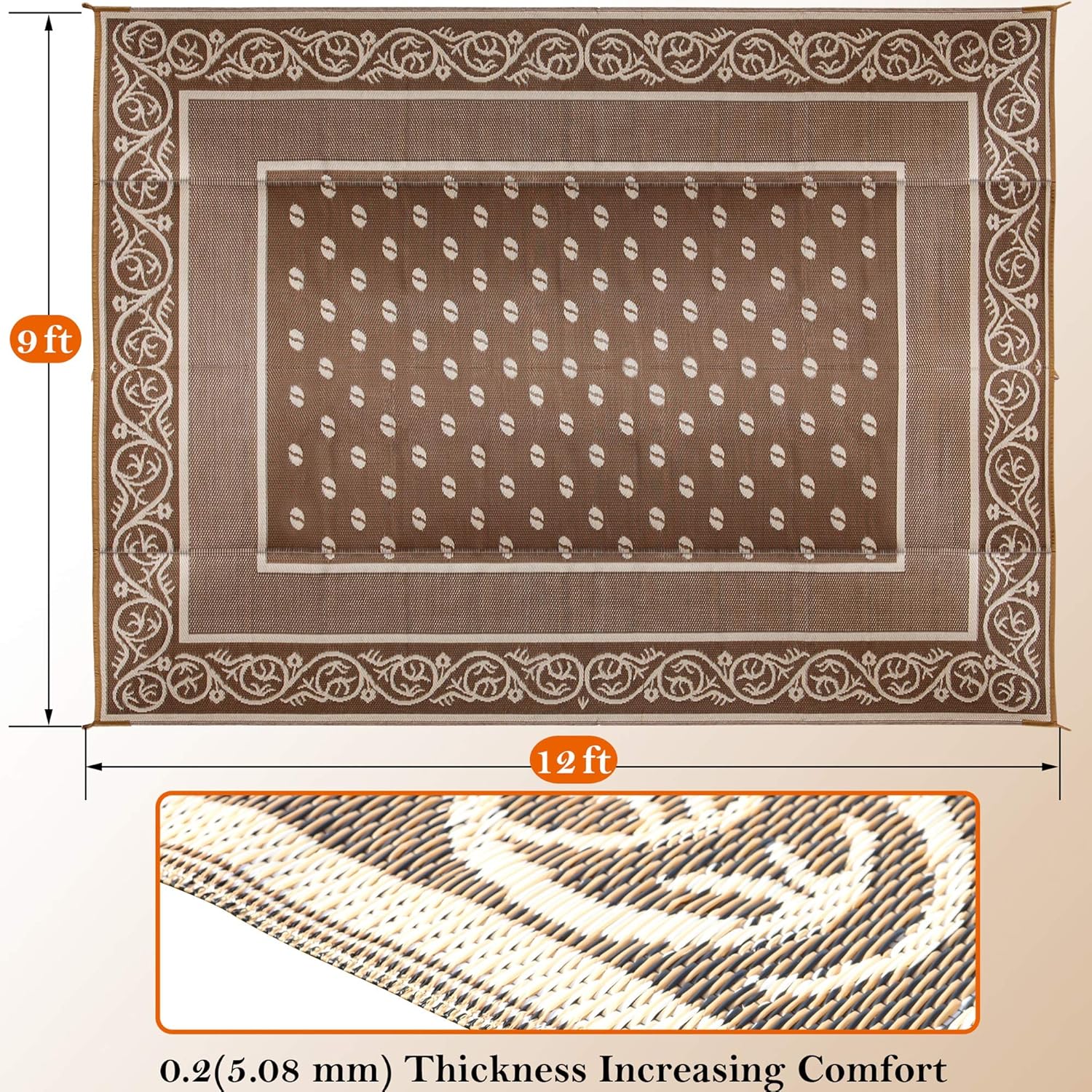 SAND MINE Reversible Mats, Plastic Straw Rug, Modern Area Rug, Large Floor Mat and Rug for Outdoors, RV, Patio, Backyard, Deck, Picnic, Beach, Trailer, Camping (9' x 12', Brown & White)