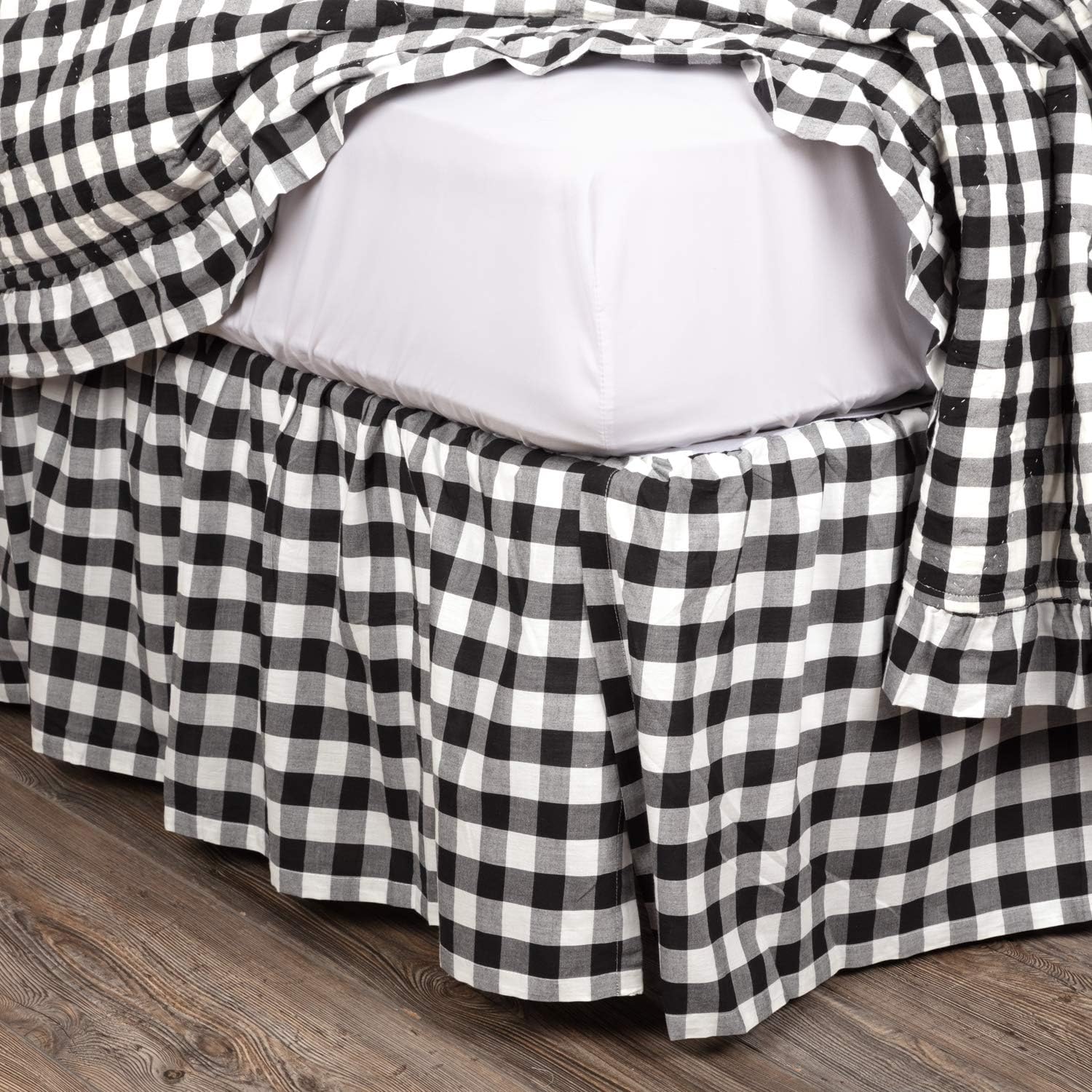 VHC Brands Annie Buffalo Check Cotton Farmhouse Split Corners Gathered Twin Bed Skirt, 39x76x16, Black Antique White