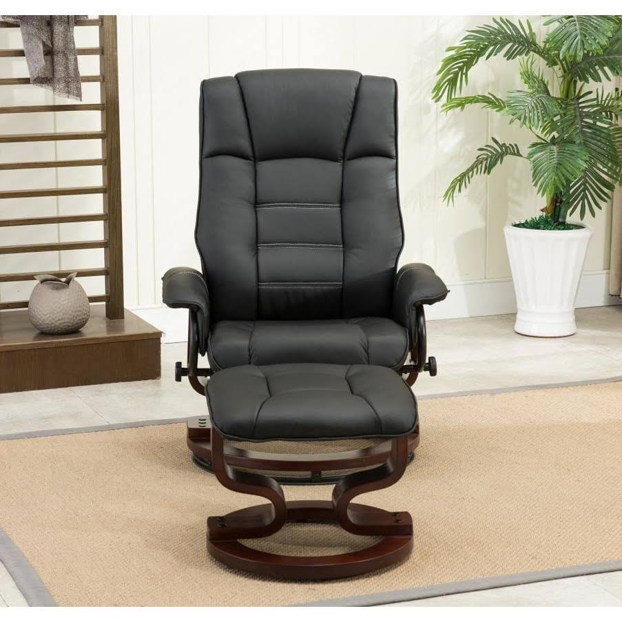 Mcombo Swiveling Recliner Chair with Wood Base and Ottoman - Black
