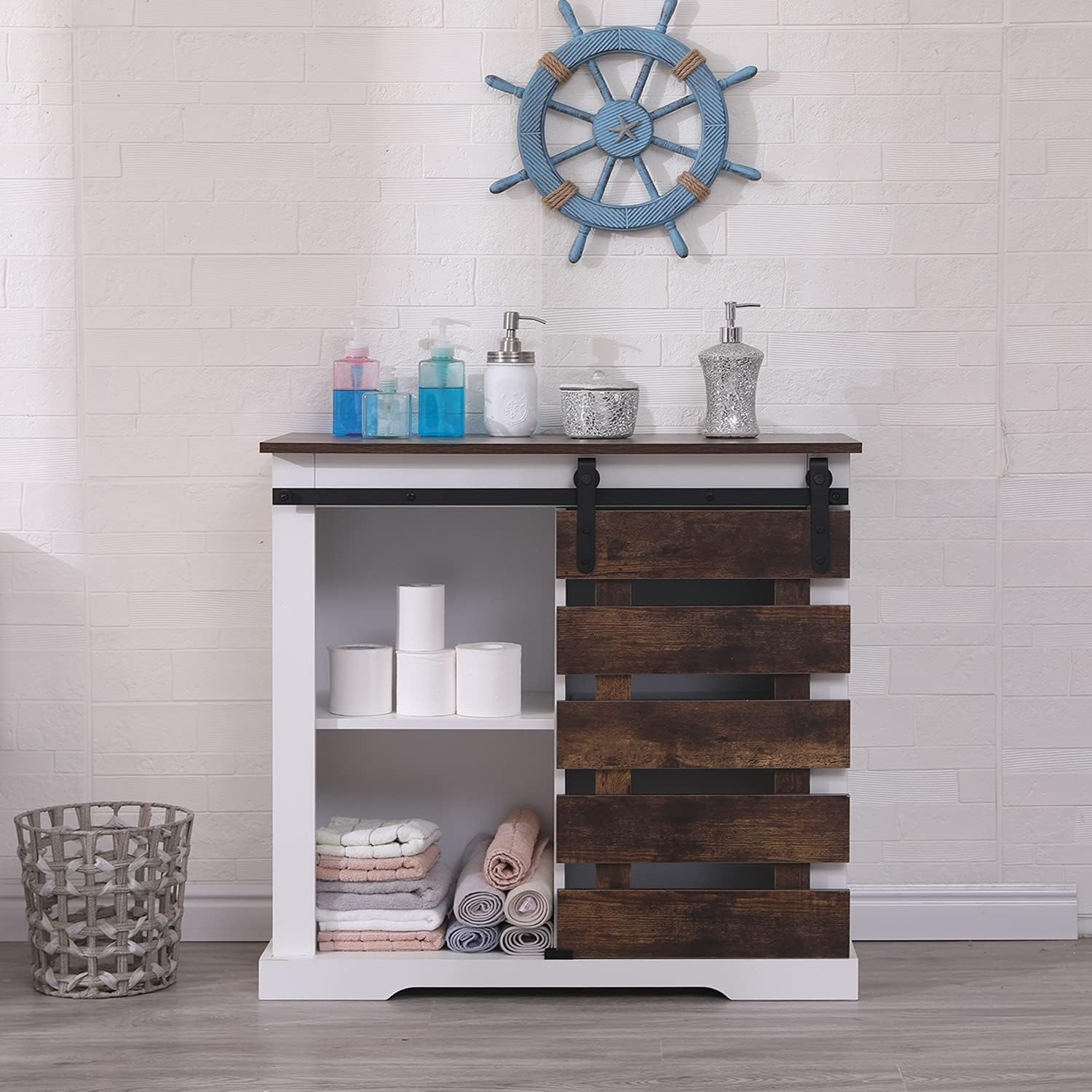 YOLENY Modern Farmhouse Accent Cabinet, Buffet Storage Cabinet with Sliding Barn Door and Adjustable Shelf, Rustic Brown Bar Cabinet for Living Room, Dining Room