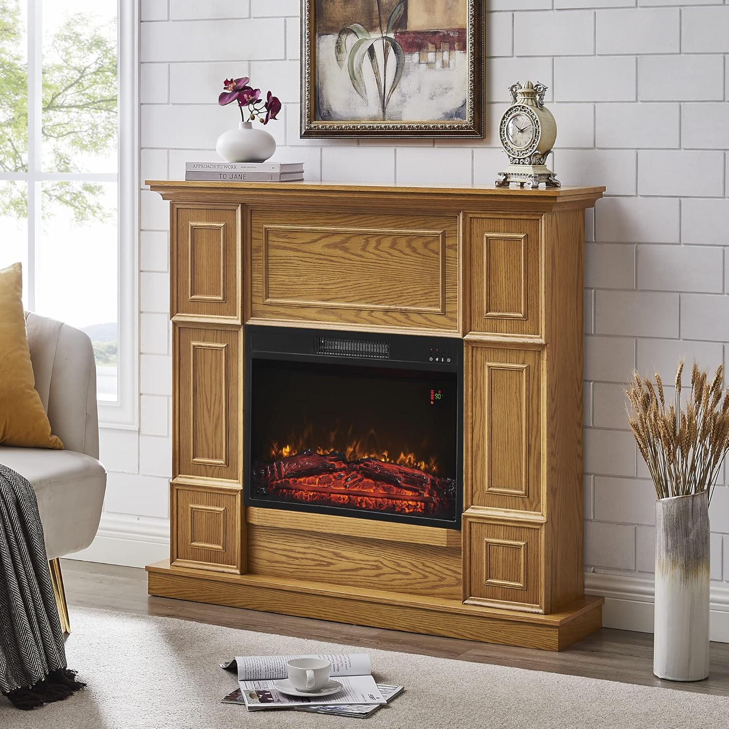 GOOD & GRACIOUS Electric Fireplace with Mantel Wooden Surround Indoor Freestanding Entertainment Center with Electric Heater Insert Adjustable Flame and Remote Control for Living Room Bedroom, Walnut