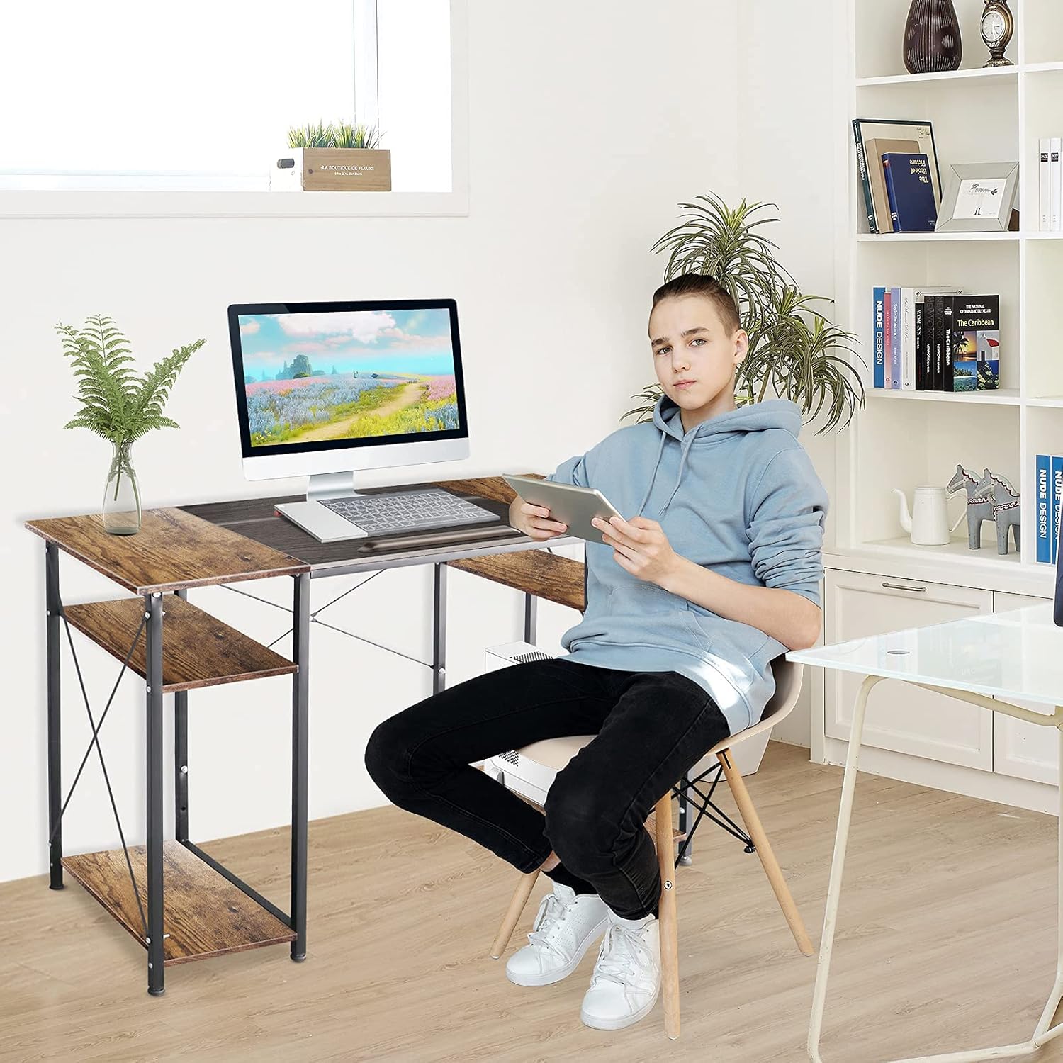Home Office Computer Desk, Study Writing Desk with 4 Storage Shelves, Student Desks for Bedroom & Home, Rustic Brown & Black 55 inches