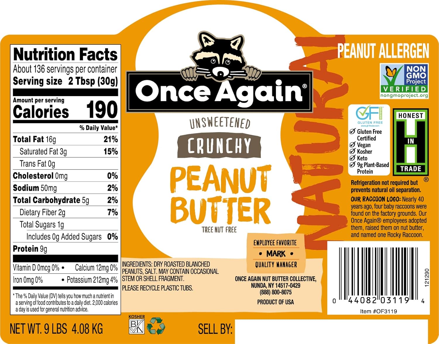 Once Again Natural, Crunchy Peanut Butter, 9lb Bucket - Lightly Salted, Unsweetened - Gluten Free Certified, Vegan, Kosher, Non-GMO Verified Pack of 2