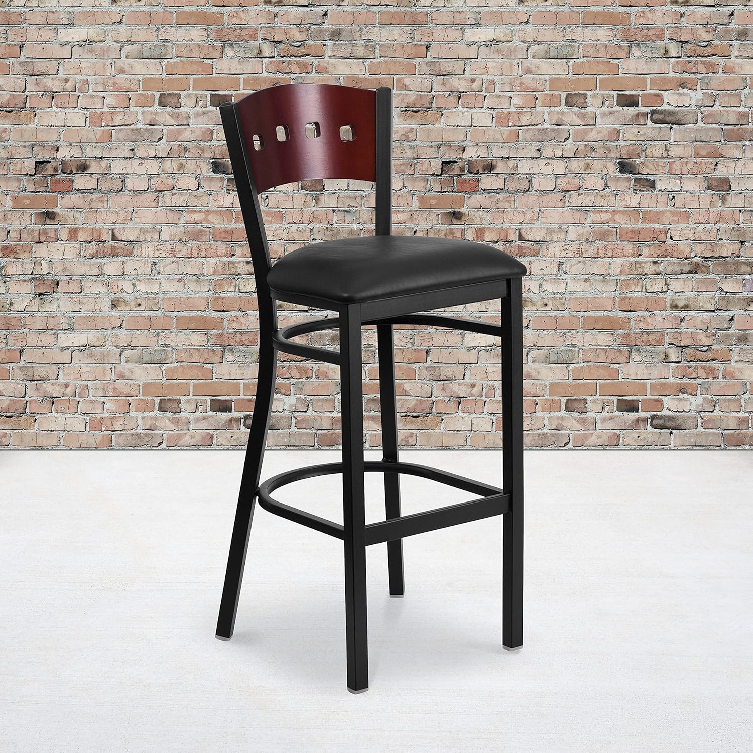 Flash Furniture HERCULES Series Black 4 Square Back Metal Restaurant Barstool - Mahogany Wood Back, Black Vinyl Seat