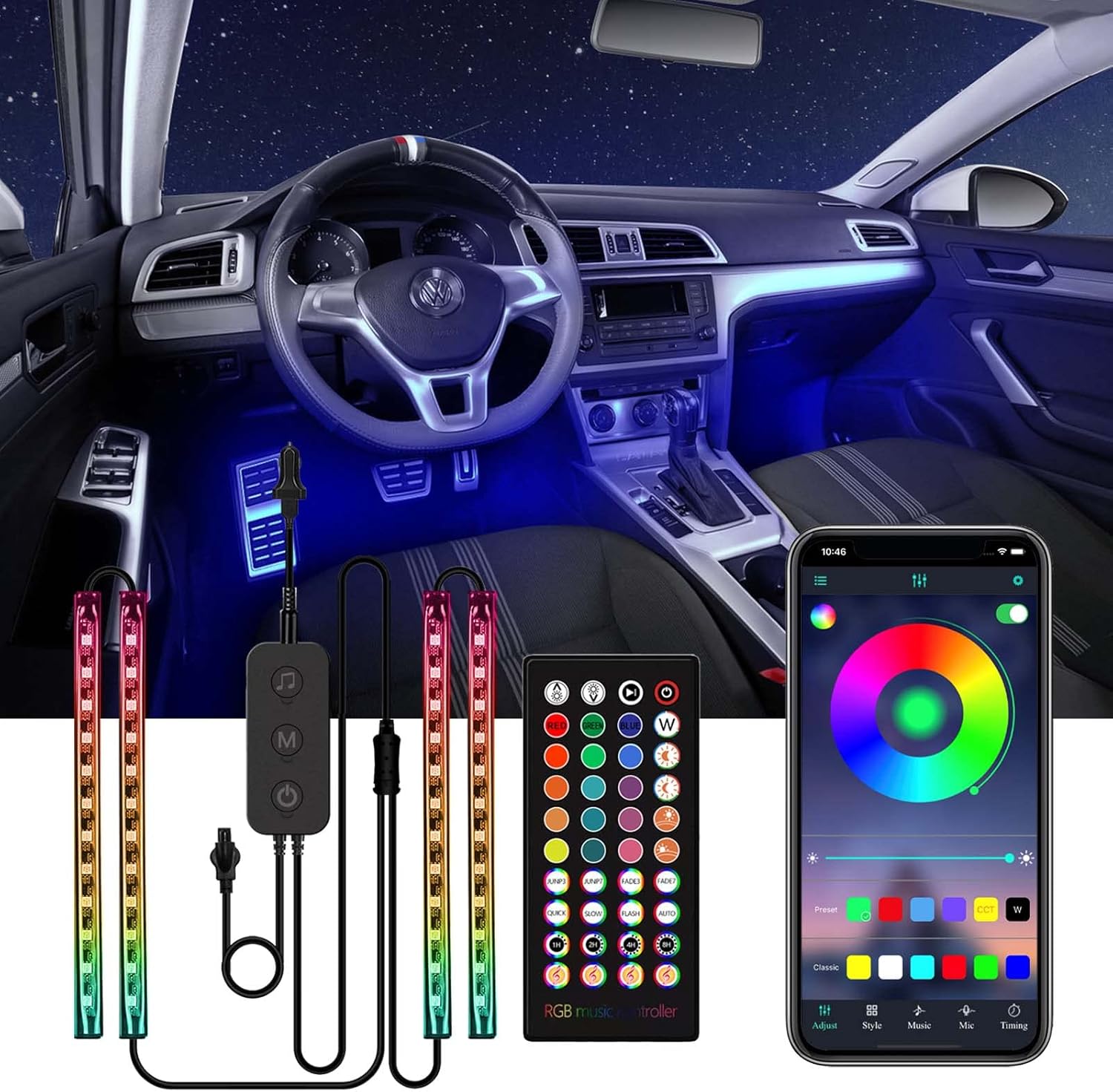 Bgs13 Interior Car Lights, LED Light Strips for Cars, 48 LEDs 16 Million RGB Colors, Bluetooth App Control, Music Sync Rhythm,Sound Active Function, 4pcs