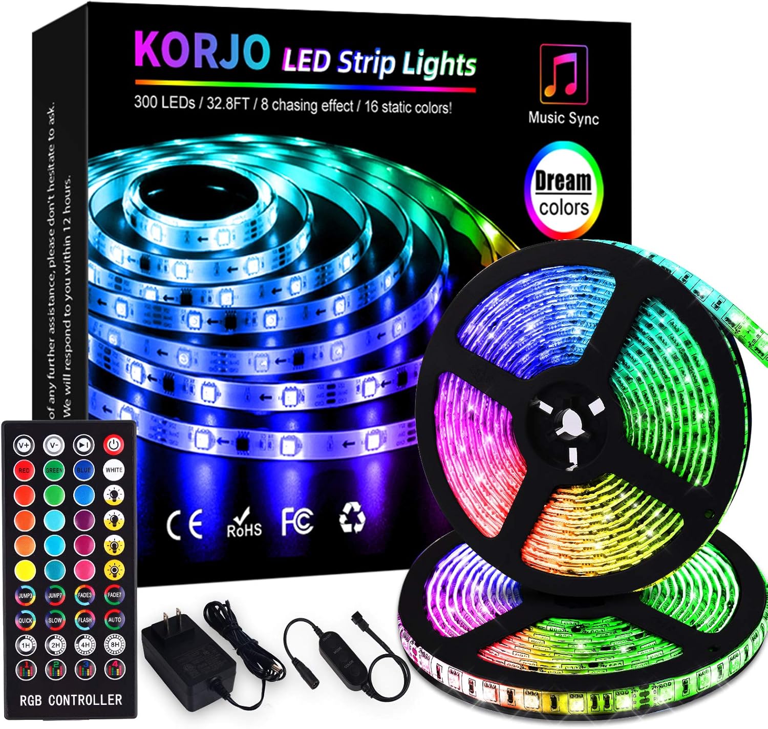 KORJO Led Strip Lights Music Sync, 32.8ft Dream Color Led Lights with RF Remote, 12V 300 LEDs Color Changing Rope Lights kit, Flexible Music Lights for Bedroom, Home Lighting, Bar, Party Decoration Pack of 2