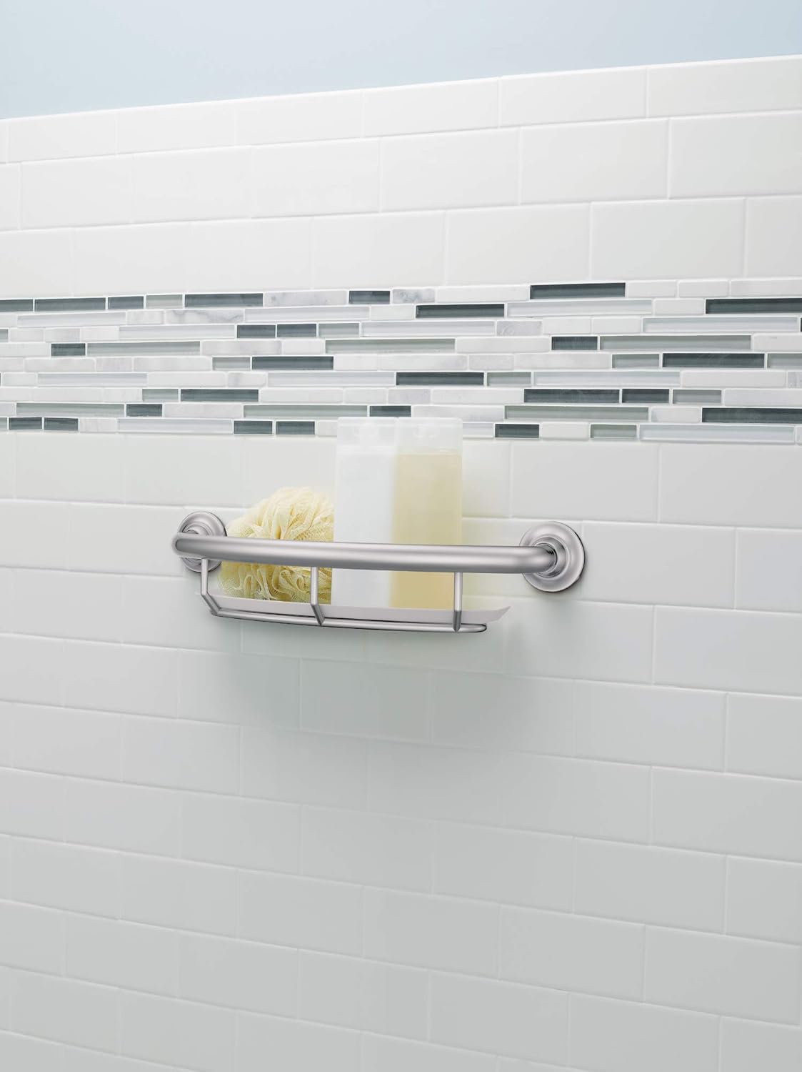 Moen LR2356DCH Home Care 16-Inch Screw-in Curved Bath Safety Grab Bar with Built-in Shelf, Chrome Pack of 2