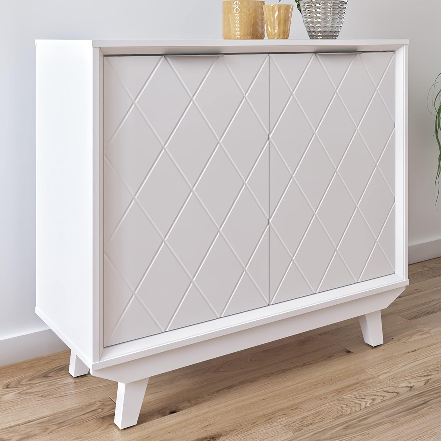 DG Casa Rollan Accent Chest Cabinet Table with 2 Doors & Adjustable Height Storage Organization Shelf for Hallway, Entryway, Living Room, Bedroom, or Foyer-Glossy White