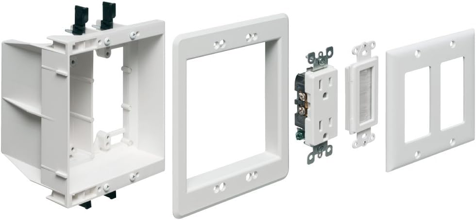 Arlington TVBU505K-1 TV Box Recessed Outlet Wall Plate Kit with Receptacle and Brush-Style Entry Device, 2-Gang, White, 1-Pack Pack of 2