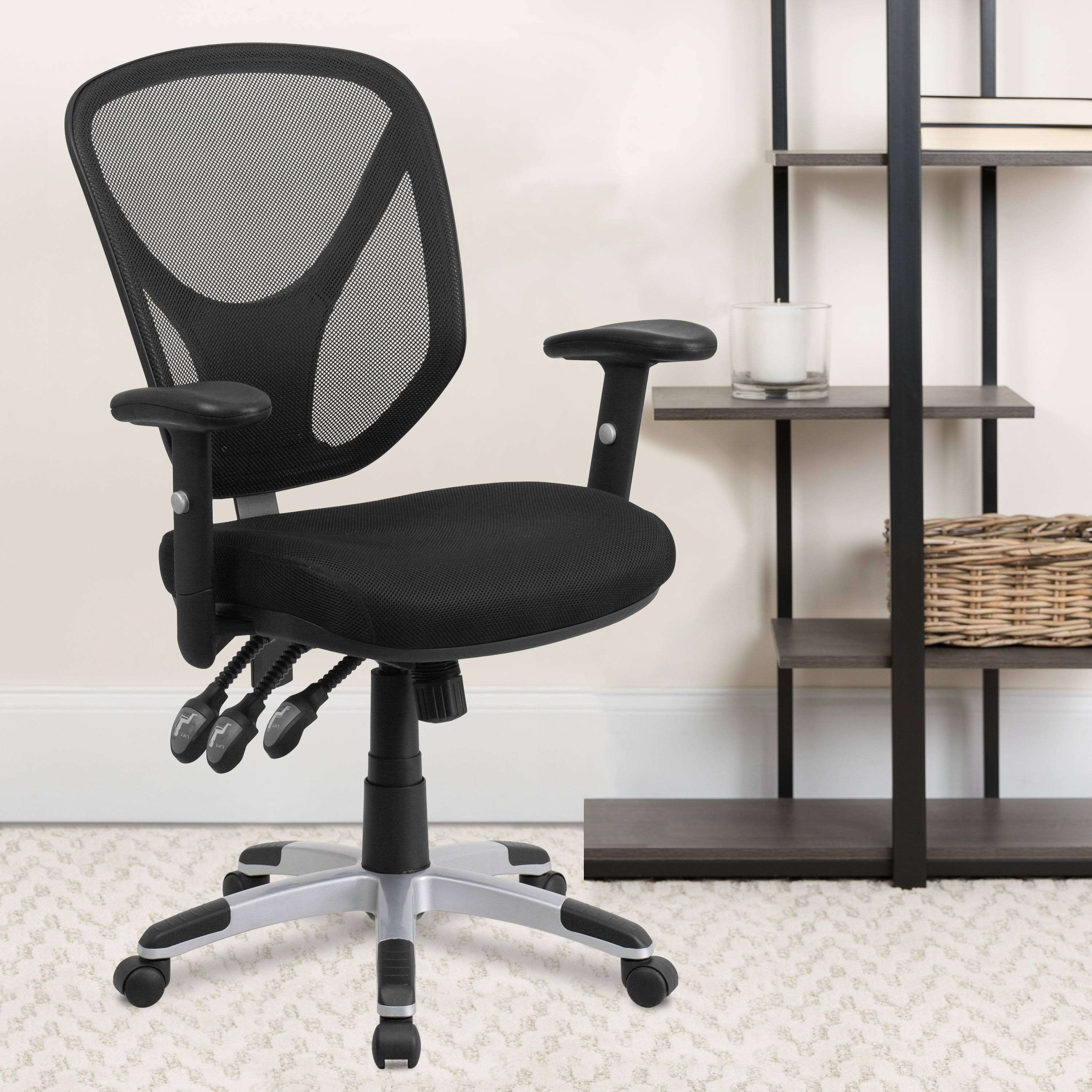 Lancaster Home Mid-Back Black Mesh Chair with Triple Paddle Control and Height Adjustable Arms