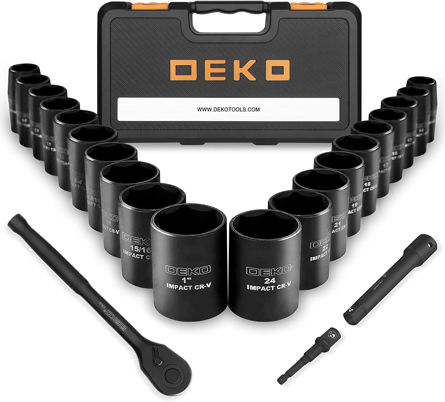 DEKOPRO 1/2-Inch Impact Socket Sets, 23 Pieces Drive Socket Set Mechanic Tool Set with 72 Teeth Reversible Ratchet, 1/2