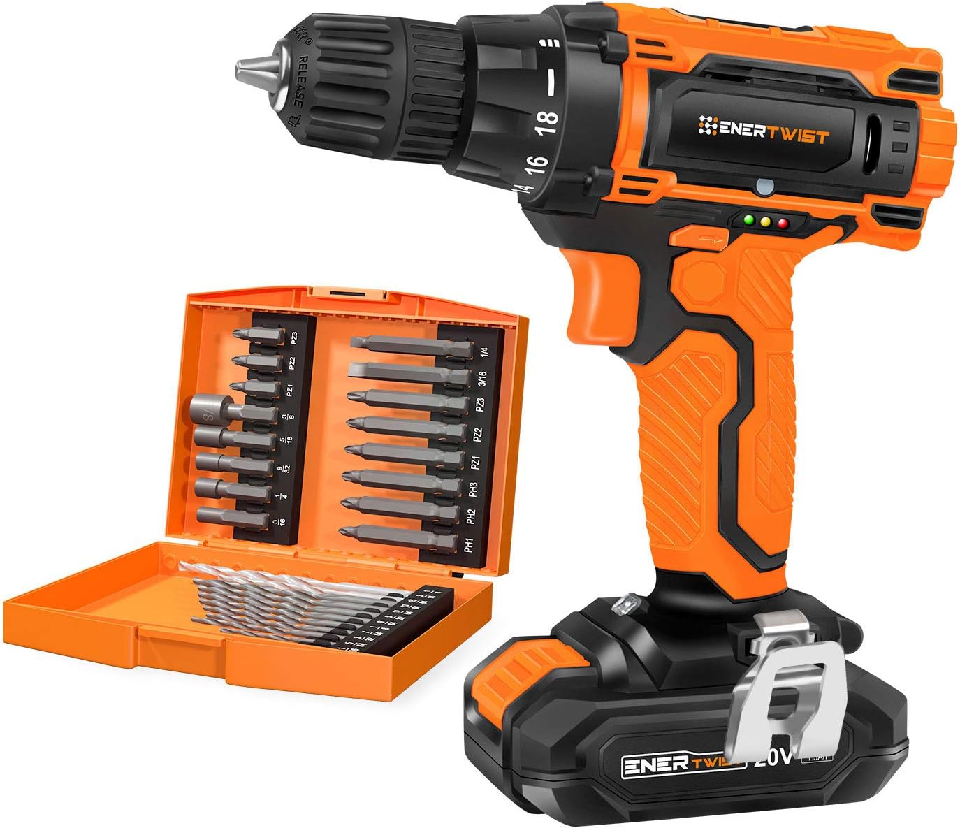 EnerTwist 20V Max Cordless Drill, 3/8 Inch Power Drill Set with Lithium Ion Battery and Charger, Variable Speed, 19 Positions and 28-Pieces Drill/Driver Accessories Kit, ET-CD-20